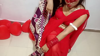 Freshly Married Indian Wifey In Crimson Sari Celebrating Valentine With Her Desi Spouse - Full Hindi Best Hard-core