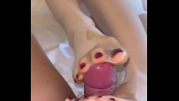 Lovable young nurse wearing milky silk sleeve JJ footjob wrung sperm, milky silk ripped fuck-hole hard-on jammed into stockings, soles of soles rubbin' glans, footjob all shot into pantyhose